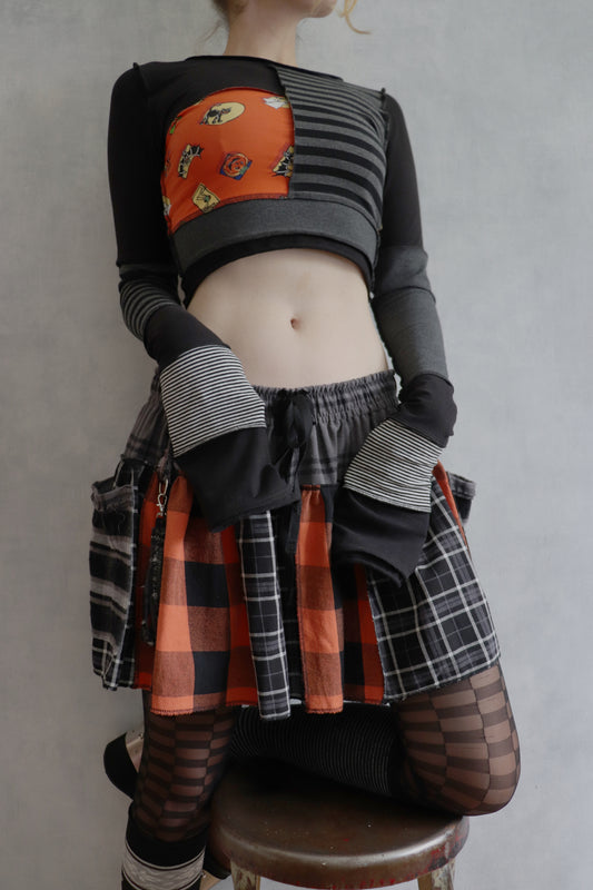 ReversingThePotion (S) Long Sleeve Patchwork Crop Top Shirt Spooky Mix