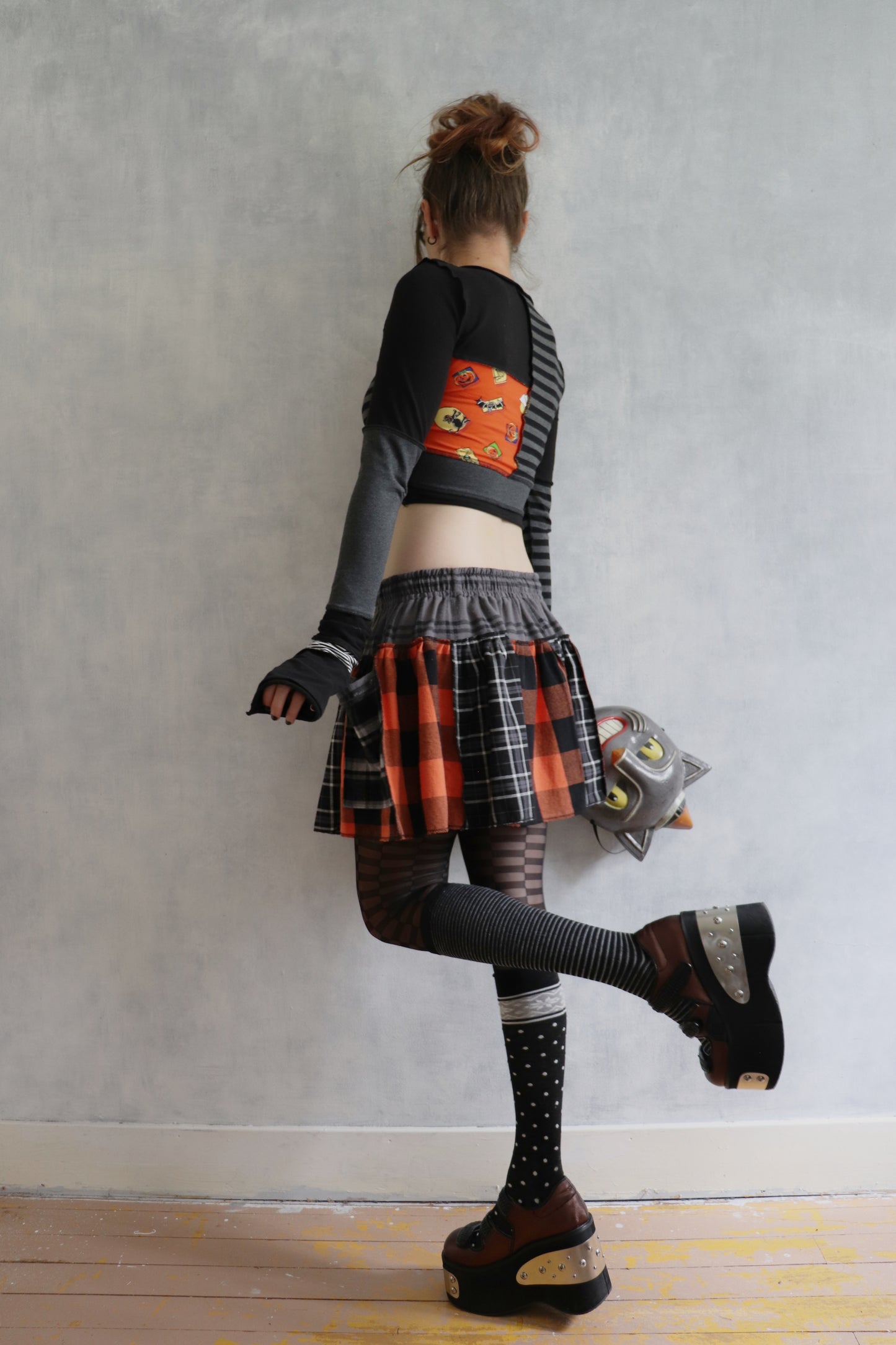 ReversingThePotion (S) Long Sleeve Patchwork Crop Top Shirt Spooky Mix