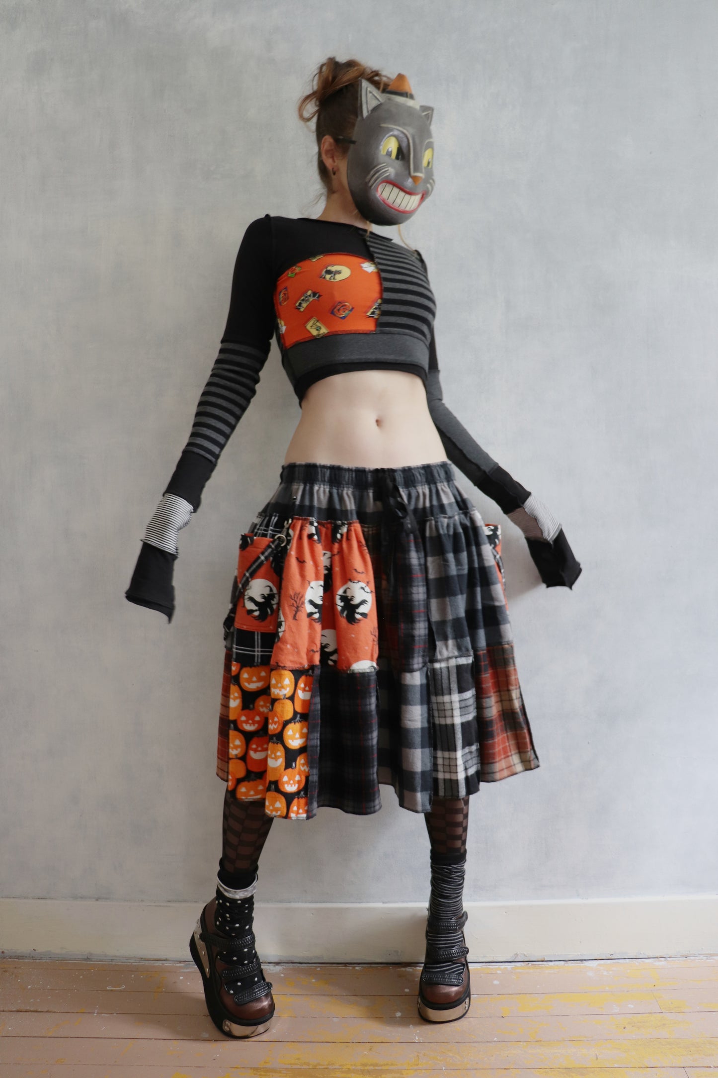 ReversingThePotion (S) Long Sleeve Patchwork Crop Top Shirt Spooky Mix